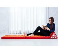 Leewadee Comfortable Japanese Floor Mattress - Thai Floor Bed With Triangle Cushion - Futon Mattress - XL Extra Long Thai Massage Mat, 225 x 50 cm, Orange Red, Kapok Filling