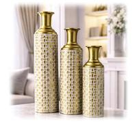 Leewadee Gold Tall Floor Vase, Set of 3 Decorative 65/53/41 cm Large Vases from Metal for Home Decor Living Room, Style with Pampas Grass for Modern, Vintage, Rustic or Farmhouse Room Decor