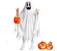 LEEWENYAN Ghost Halloween Costumes for Kids, White Ghost Cloak with Pumpkin Candy Bag, Ghost Costume for Halloween Spooky Trick-or-Treating, Party Dress Kids Girls Boys