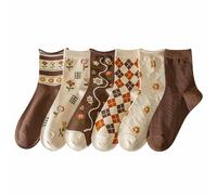 Lefe Liee cute vintage cottagecore socks for women, autumn aesthetic floral flower patterned checkered socks for girls, nordic crew argyle fashion ankle socks, Khaki, 5.5-8.5