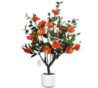 Leflos 3ft Artificial Camellia Flower Tree Gradient Orange, Faux Camellia Tree With 40 Burnt Orange Flowers, Fake Potted Blooming Floral Plant In White Pot Filled With Dry Moss For Home Indoor Decor