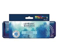 Lefranc Bourgeois 301446 Fine Watercolour Paint in Metal Box, 24 Vibrant Colours in 1/2 Bowls, 1 Squirrel Hair Brush No. 8