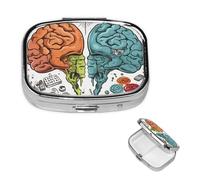 Left and Right Brain Functions Pill Box 2 Compartment Square Portable Pill Case for Pocket or Purse Small Weekly Medicine Planner Travel Pillbox with Mirror Decorative Metal Vitamin Holder Gifts