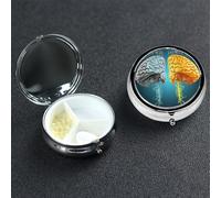 Left and Right Brain Functions Pill Box 3 Compartment Round Portable Pill Case for Pocket or Purse Pill Holder Weekly Pill Organizer Decorative Metal Medicine Vitamin Organizer Travel Gift