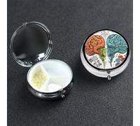 Left and Right Brain Functions Pill Box 3 Compartment Round Portable Pill Case for Pocket or Purse Small Weekly Medicine Planner Travel Pillbox with Mirror Decorative Metal Vitamin Holder Gifts