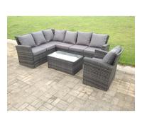 Fimous Outdoor Rattan Garden Furniture Gas Fire Pit Dining Table Sets Gas Heater Lounge Chairs Side Tables Dark Mixed Grey 9 Seater