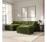 Left Hand Chaise Corner Sofa and Footstool Set in Green Velvet - August