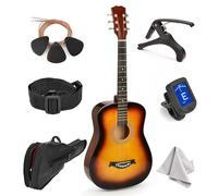 Left Handed Acoustic Guitar For Kids By MasterPlay- 30” Beginner Guitar For Learners- Accoustic String Starter Kit: Guitar Bag, Tuner, Strap, Extra Strings, Picks, Wash Cloth, Capo (Sun)