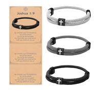 LEFTSTARER 3Pcs Adjustable Braided Christian Cross Bracelet for Men Women, Jesus WWJD Bracelet Religious Baptism Gift with Bible Verse Joshua 1:9 Card, M, Nylon, no gemstone