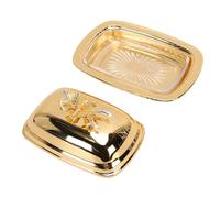 Leftwei Metal Butter Dish with Glass Lid, 7.4x5.4x3.5in Gold Iron Alloy Butter Holder for Standard Sticks, European Style Rectangular Container with Pattern Decor (Rectangle Gold)