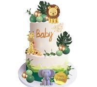 LEFUBABY Safari Animal Cake Toppers, 25pcs Jungle Wild Cake Decorations with Green Balls Plam Leaves for Wild Animals Themed Birthday Baby Shower Party Supplies