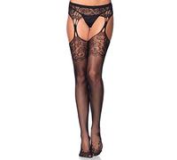 Leg Avenue 1103 One Size 6 to 12 Black Floral Lace Net Stockings with Cuban Heel/Tear Drop Garterbelt/Reinforced Toe and Elastic Waistband