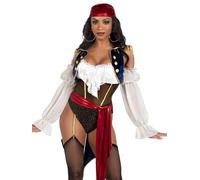 Leg Avenue 2 PC Buccaneer Beauty, includes garter bodysuit with velvet brocade tail coat, attached waist sash, and head scarf, MULTICOLOR, SMALL