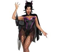 Leg Avenue 3 PC Evil Enchantress, includes snap crotch bodysuit with iridescent skirt, jeweled flame cape, and horn headband, BLK/PURPLE, SMALL