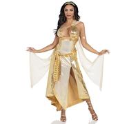 Leg Avenue 3 PC Golden Goddess, includes asymmetrical shimmer dress with one-shoulder buckle accent and ribbon trim, GOLD, SMALL