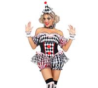 Leg Avenue 4 PC Darling Harlequin, includes ruffle trimmed bloomer romper with pom pom accents, wrist ruffles, neck ruffle, and hat headband, MULTICOLOR, SMALL