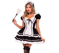 Leg Avenue 4 PC Maid to Flirt Costume, Includes Ruffle Trimmed Dress with Lace-Up Bodice and Tiered Skirt, Pin-On Back Bow, Cameo Choker, and Headband, Small, BLK/WHITE