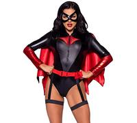 Leg Avenue 4 PC Vigilante Vixen, includes zip-up bodysuit, detachable cape, belt with attached garter, and eye mask.