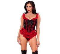 Leg Avenue Boned Ruffle Bodysuit with Bow Accent, Xs, BLACK/RED