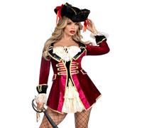 Leg Avenue Captivating Pirate Captain, features a velvet coat dress with tie-front peasant bodice and lace ruffle accents, MULTICOLOR, SMALL