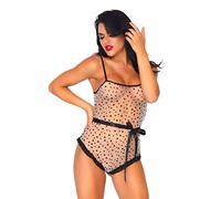 Leg Avenue Flocked Star Bodysuit with tie, White, Black, M