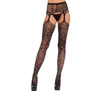 Leg Avenue Floral Lace Stockings with Garter Belt Black