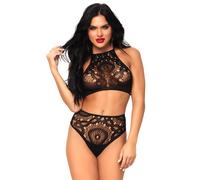 Leg Avenue Lace Halter Crop Top & High-Waist Thong Set Black, M/L