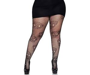 Leg Avenue Lace Skull Fishnet Tights, 1X-2X (Black)
