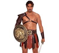 Leg Avenue Men's 3 PC Gladiator Costume, Includes Faux-Leather Paneled Skirt, Armored Shoulder Harness, and Wrist Cuff, X-Large, BROWN