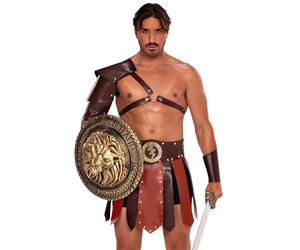 Leg Avenue Men's 3 PC Gladiator Costume, Includes Faux-Leather Paneled Skirt, Armored Shoulder Harness, and Wrist Cuff, X-Large, BROWN