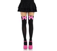 Leg Avenue Nylon Thigh Highs with Bow (Black/ Neon Pink)