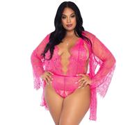 Leg Avenue Plus Floral Lace Teddy and Robe Set Pink