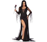 Leg Avenue Spooky Beauty, Features Backless deep-v Dress with Sequin Trim and Ruched Back, Spiderweb Gauntlet Sleeves, and high Slit Tentacle Skirt Black