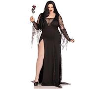 Leg Avenue Spooky Beauty, Features Backless deep-v Dress with Sequin Trim and Ruched Back, Spiderweb Gauntlet Sleeves, and high Slit Tentacle Skirt Black