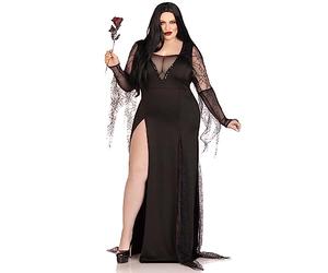 Leg Avenue Spooky Beauty, Features Backless deep-v Dress with Sequin Trim and Ruched Back, Spiderweb Gauntlet Sleeves, and high Slit Tentacle Skirt Black