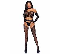 Leg Avenue Unisex's 89278-00122 3 Pc Long Sleeve Halter Choker Crop Top, Lace Suspender Hose, and G-String, O/S, Black Adult Sized Costumes, Multi, One