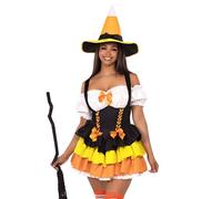 Leg Avenue Women’s 2 PC Candy Corn Sexy Witch Costume Woman Sexy Halloween Costumes Includes Witch Dress for Women with Tiered Skirt and Lace-Up Waist, and Matching Witches Hat, Multicolor, Small