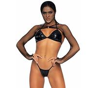 Leg Avenue Women's 3 Pc Vinyl Bikini Top, G-String, and Fishnet Hooded Shrug with O-Ring Detail Adult Sized Costumes, Black, One