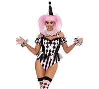 Leg Avenue Women's 4 Pc Captivating Circus Clown with Snap Crotch Bodysuit With Neck Ruffle, Wrist Ruffles, Hat Headband