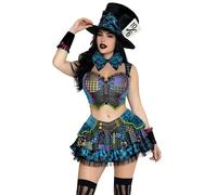 Leg Avenue Women's 5 Pc Darling Mad Hatter Costume, Includes Patchwork Print Top, Skirt, Bow Tie, Wrist Cuffs, and Hat, Multicolor, Small