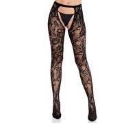 Leg Avenue Women's Eyelet Rose Lace Crotchless Tights with Cheeky Open Back, Black, One Size