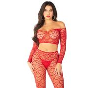 Leg Avenue womens Heart Net Off the Shoulder Crop Top and Footless Tights, Red, One Size
