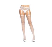 Leg Avenue Women's Industrial Net Stockings with Scalloped Trimmed Attached Garter Belt Costume Hosiery, White, One Size