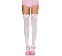 Leg Avenue Nylon Thigh Highs with Bow – Self-Adhesive – White/Light Pink