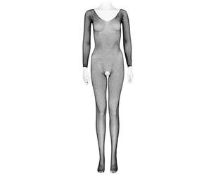 LEG AVENUE Women's Vestido Bodystockings Crystal Seamless Mesh Bodysuit with Long Sleeve, One Size (Black) (1 Pack) 1X/2X