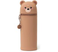 Legami - 2 in 1 Pencil Case in Soft Silicone, Kawaii, 6,3x18,5 cm, Teddy Bear Theme, Pencil Case and Desk Pen Holder, Retractable Capacity, Zipper Closure
