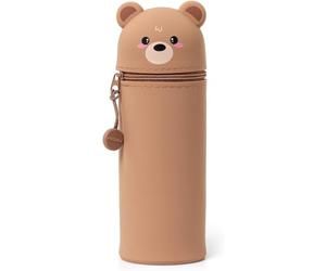 Legami - 2 in 1 Pencil Case in Soft Silicone, Kawaii, 6,3x18,5 cm, Teddy Bear Theme, Pencil Case and Desk Pen Holder, Retractable Capacity, Zipper Closure