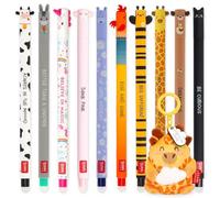 LEGAMI Erasable Gel Pen + Plush Key Chain Gift Set | Pack of 10 Pens with Thermosensitive Erase Ink, Range of Ink Colours, 0.7mm Tip | Cute Animal Theme Designs (Giraffe)