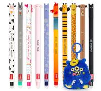 LEGAMI Erasable Gel Pen + Plush Key Chain Gift Set | Pack of 10 Pens with Thermosensitive Erase Ink, Range of Ink Colours, 0.7mm Tip | Cute Animal Theme Designs (Monster)