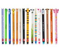 Legami - Set of 15 Gel Erasable Pens 0.7 mm Tip, Assorted Ink Colours and Animal Designs